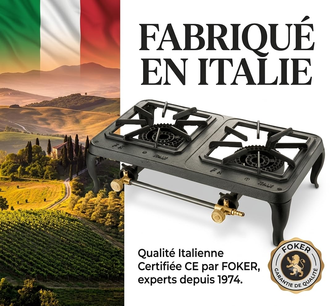 Réchaud à Gaz 2 Feux Europa en Fonte Peinte 8 kW Butane/Propane | Fabriqué en Italie, 580 g/h Consommation, Camping et Extérieur, Art. 03050