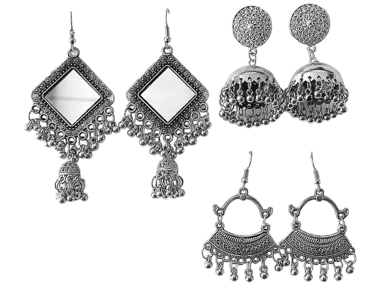 AK FASHION Pack of 3 Oxidized Half Moon, Square Mirror Earring With Jhumki For Women and Girl (B0D812SP78) Amazon Price History, Amazon Price Tracker