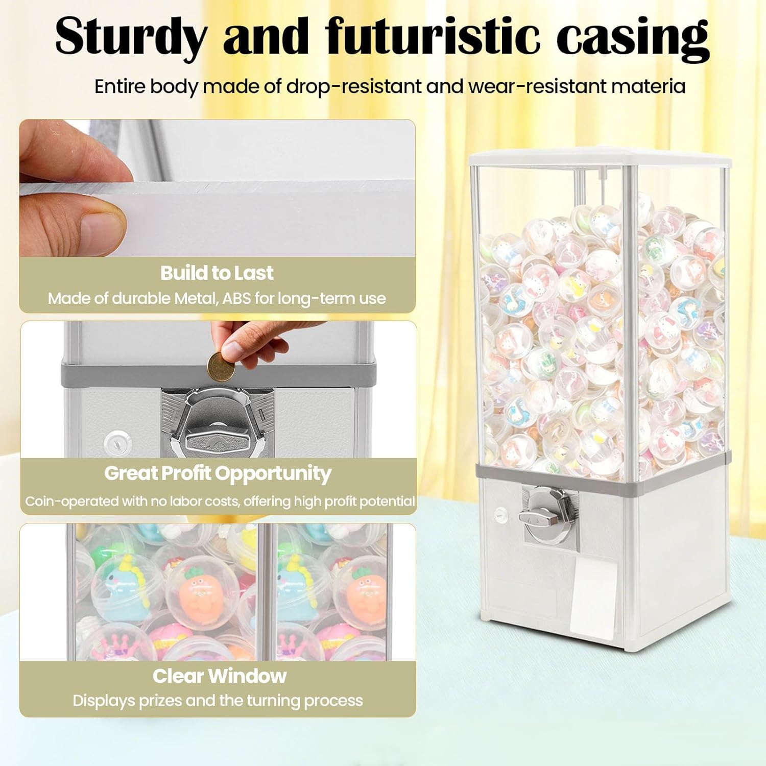 Vending Machine Commercial Gumball Machine, 25 Inch Huge Toy Capsule Vending Machine Dispenser Prize Machine Candy Machine for Business,Capsules Gumballs(4 25-Cent） (White)