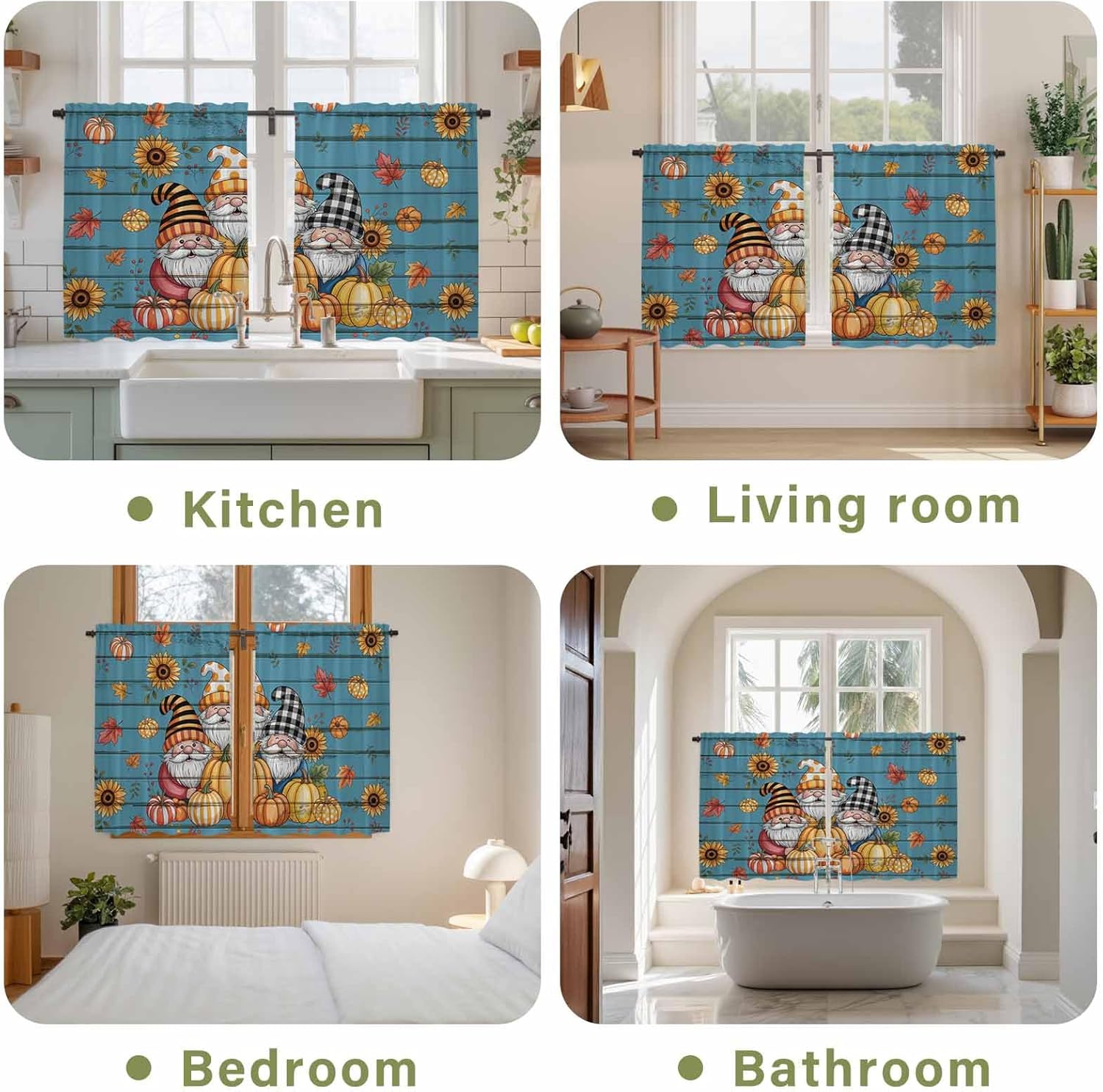 Fall Gnomes Kitchen Tier Curtains 45 Inch Long 2 Panel Set,Rod Pocket Short Window Treatment,Blue Wood Grain Pumpkin Maple Leaf Sunflower Curtains & Drapes for Bathroom Basement 27.5"W x 45"L
