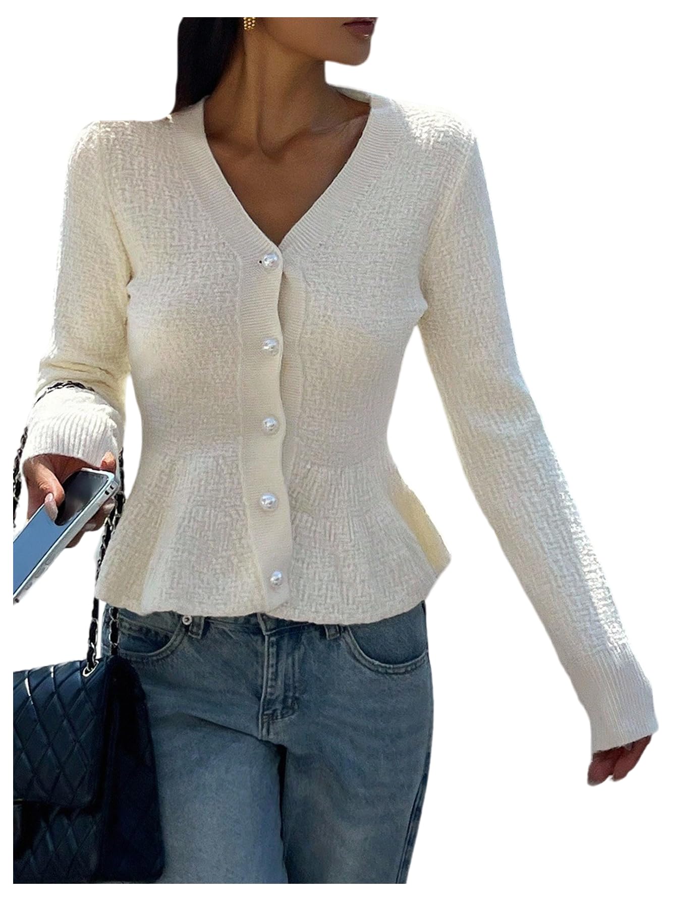 SHENHE Womens Button Up Peplum Cardigan Sweater V Neck Long Sleeve Dressy Knit Cardigan