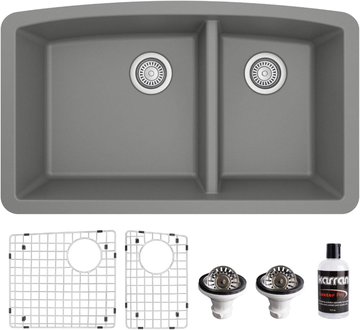 Karran QU-711 Undermount Quartz Composite 32 in. 60/40 Double Bowl Kitchen Sink Kit in Grey