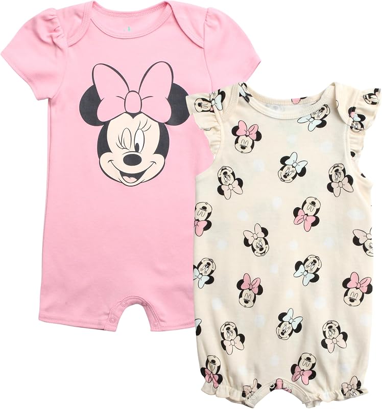 Pelele para bebé de Disney, paquete de 2 mamelucos de manga corta con volantes para bebé, ropa acogedora para bebé para niñas (recién nacido/bebé)