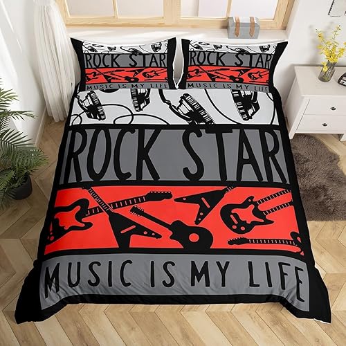 Miniatura 13 de Juego de cama con funda de edredón de música rock, temática musical, funda de edredón con estampado de notas musicales, tamaño Queen, juegos de ropa