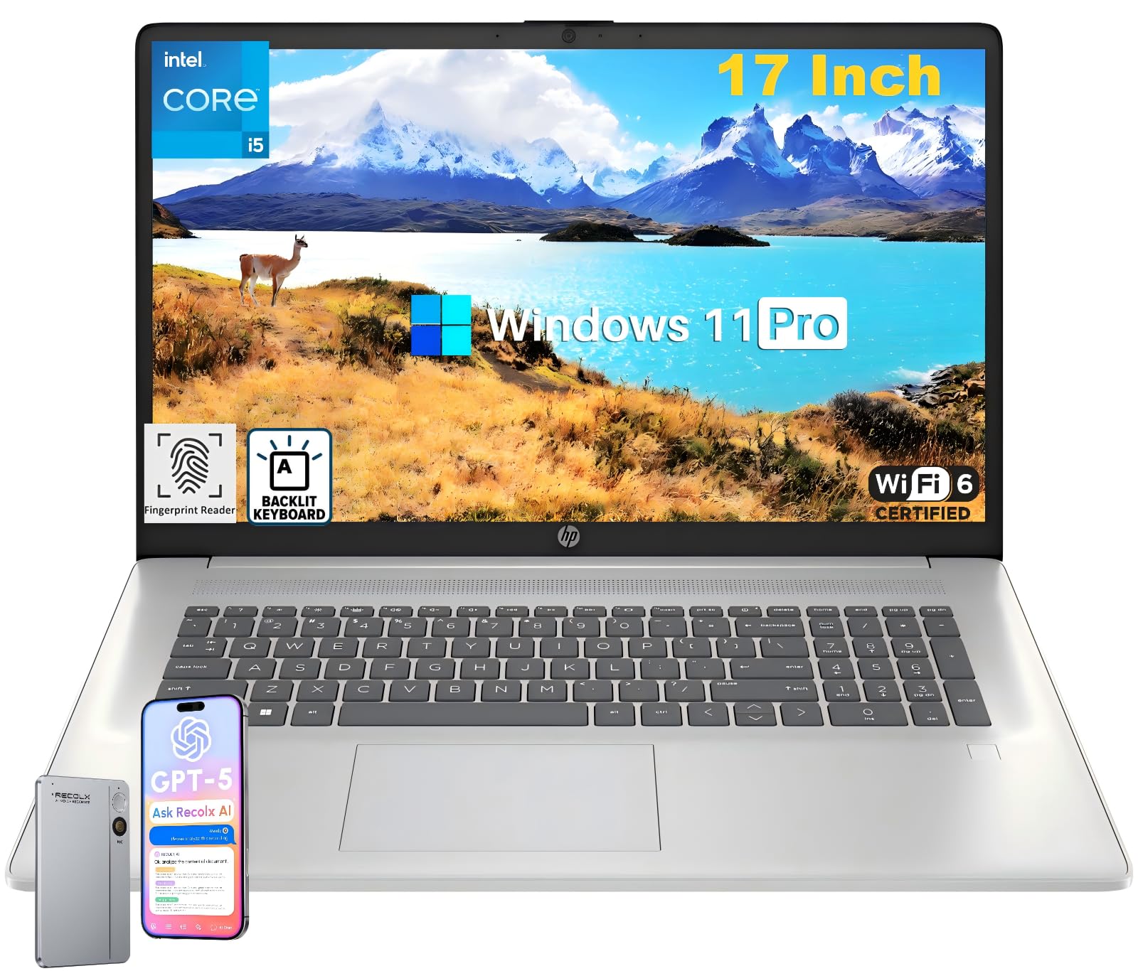 HP 17 Inch Business Laptop, Intel 10-Core i5-1334U(Up to 4.6 GHz), 17.3" HD+ Display, 16 GB RAM, 512 GB SSD, Backlit Keyboard, Fingerprint Reader,