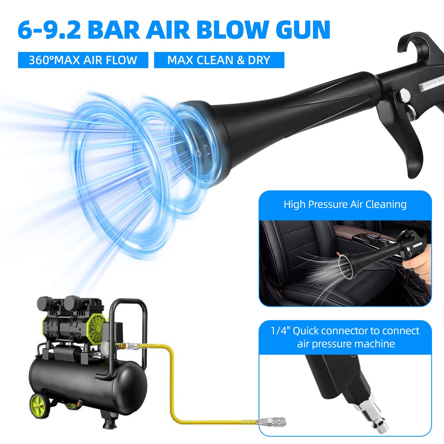 Pistolet De Nettoyage Voiture Haute Pression - Kit Air Comprimé Intérieur Avec Brosses Et Gants