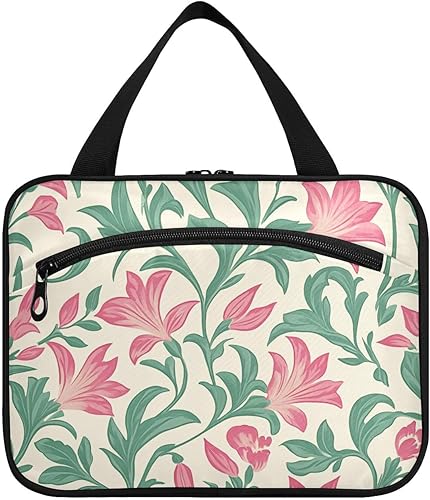 Vintage Pink Bellflower Green Leaves Hanging Large Travel Toiletry Bag with Hook, Designer Expandable Hanging Toiletry Bags for Womens Travel bolso