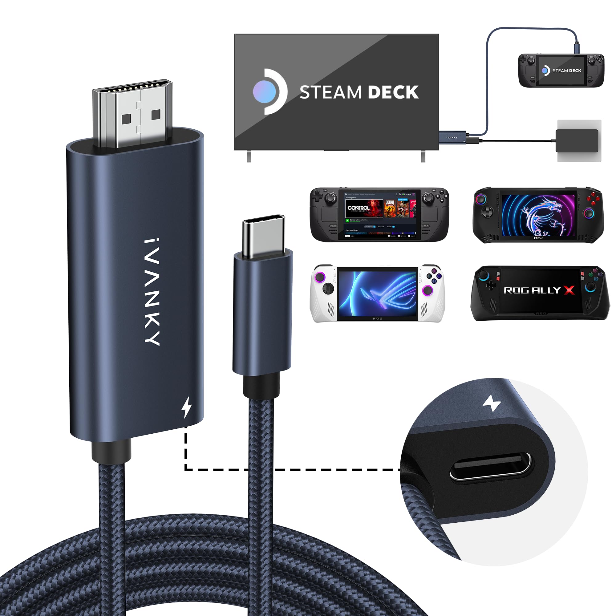 IVANKY 2-in-1 USB C to HDMI 100W 6.6ft Charging Cable Dock for Steam Deck OLED/ASUS ROG Ally X/MSI Claw, 4K@60Hz Nylon Braided Cable Portable TV Adapter Connector for TV Screen Extend, Midnight Blue