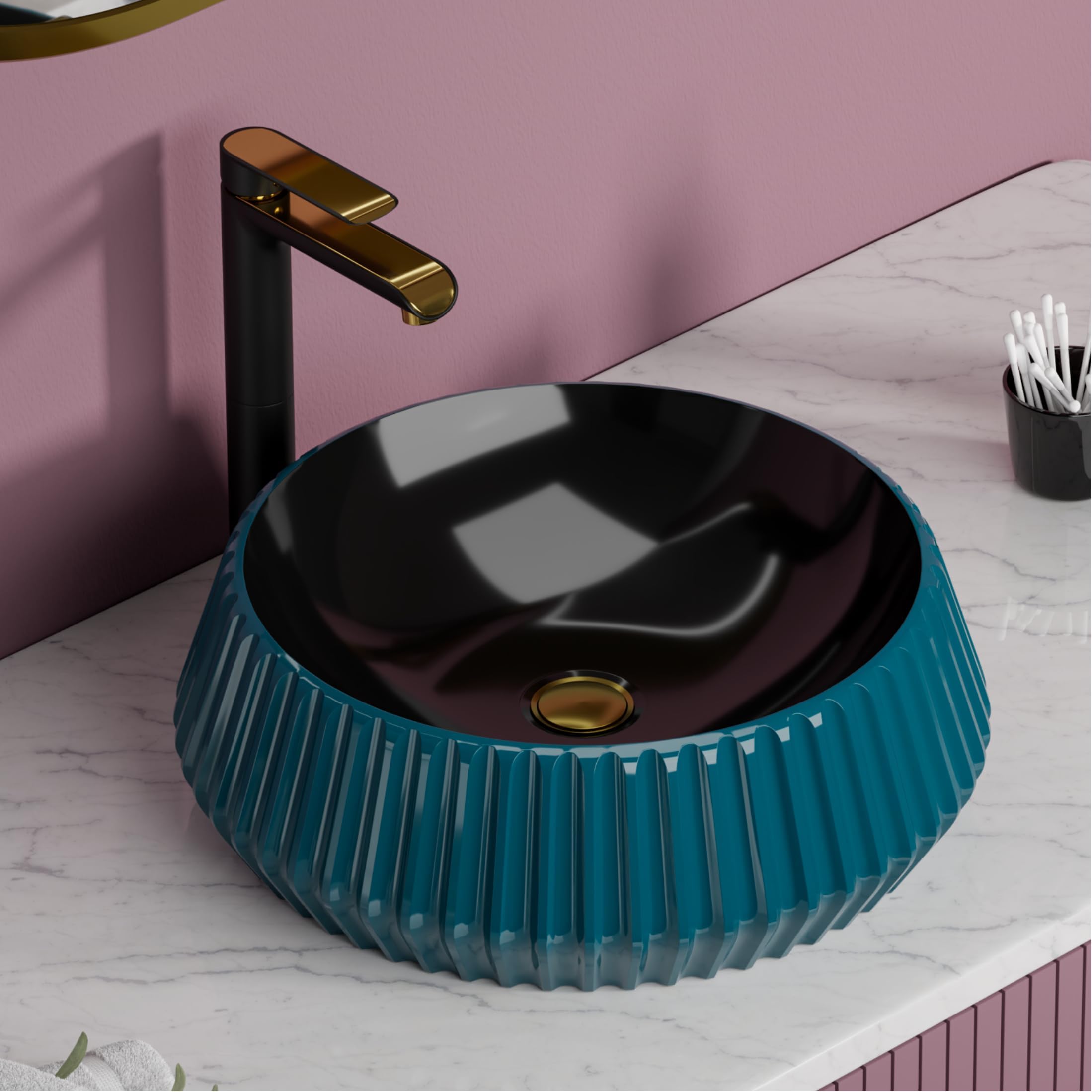 BASSINO 16x16x5.5 Inches Ceramic Table Top Wash Basin/10 Years Glazing Warranty/Black & Blue Basin for Bathroom/Round Shape Countertop Washbasin for Dining Hall/Living Room/Home(Glossy Finish)