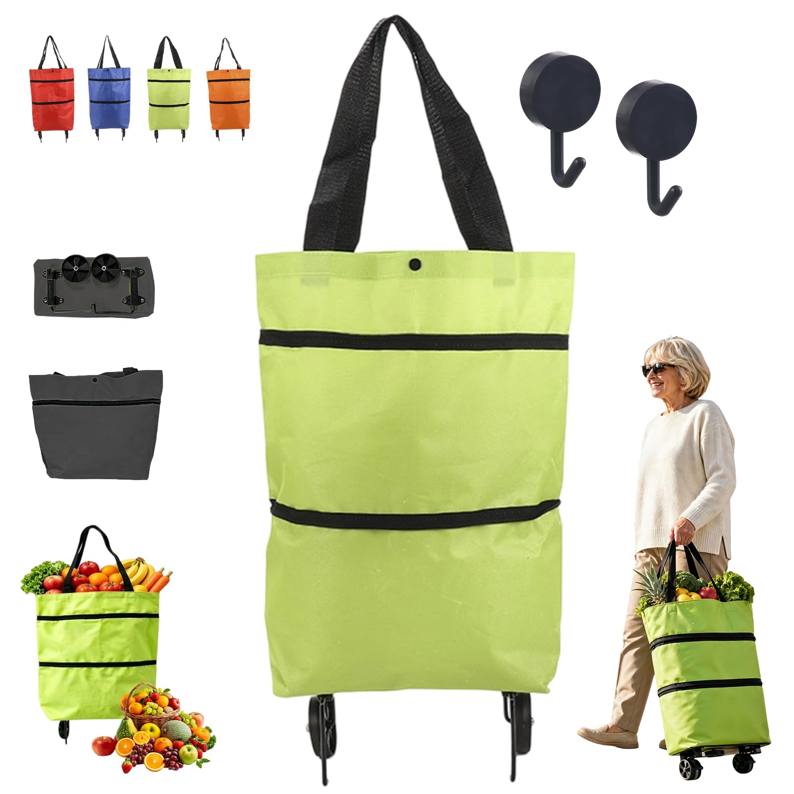 2-in-1 Foldable Shopping Cart, Oxford Cloth Shopping Trolley on Wheels with 5kg Capacity, Lightweight Reusable Shopping Cart for Travel Supermarket Camping (#2)
