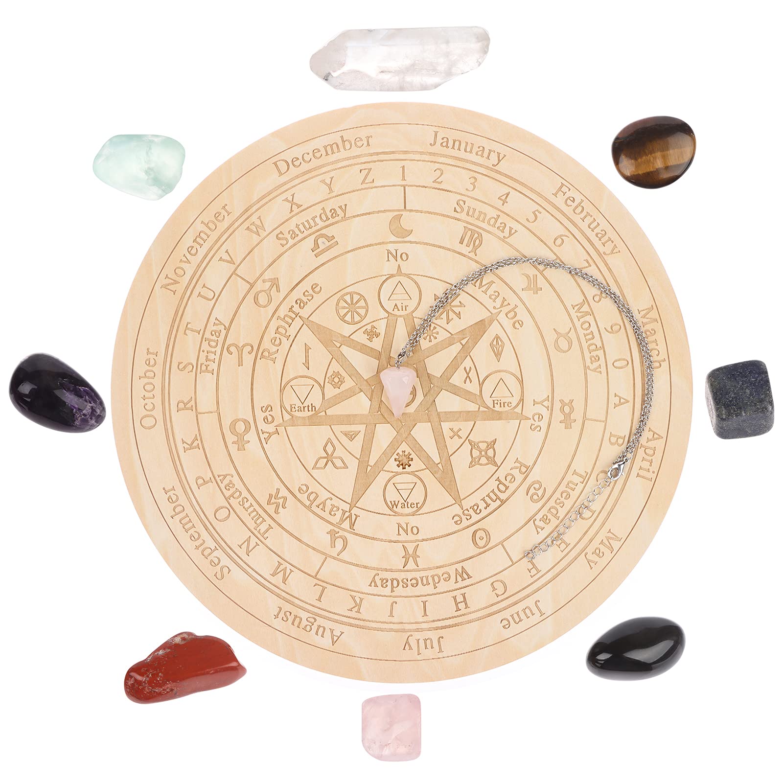 Haishell Pendulum Board Dowsing Divination Metaphysical Message Board Star Wood Pendulum Board with 8 Chakra Stones and 1 Crystal Dowsing Pendulum Necklace for Witchcraft Wiccan Altar Supplies