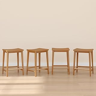 Plank+Beam Smythe Counter Stool, 24", Set of 4, Sturdy Wood Modern Kitchen Counter Height Stool, Saddle Seat Backless Counter Chair, Metal Footrest, Pecan