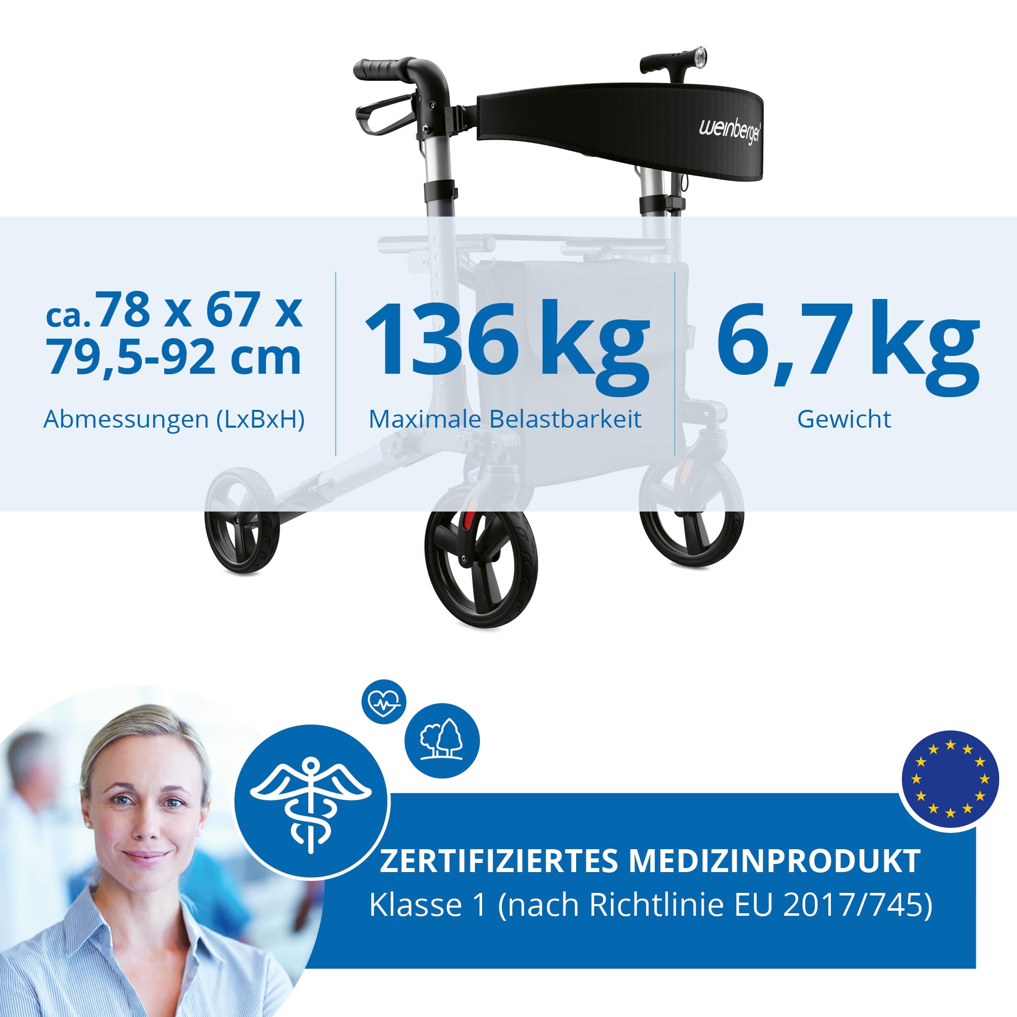 Weinberger Rollator faltbar und leicht mit Sitz | Tasche, Griff, klappbar mit 20cm Reifen für alle Gelände | Höhenverstellbarer Indoor & Outdoor Rollator für Senioren | Gehhilfe, Laufhilfe
