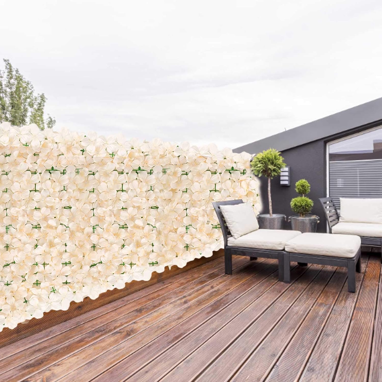 Artificial Hedge Fence Screening with Flowers, Artificial Ivy Screen Trellis Fence Rolls for Balcony Patio Outdoor, Garden Privacy Screen for Backyard Home Decor (19.69x118.11in, champagne)