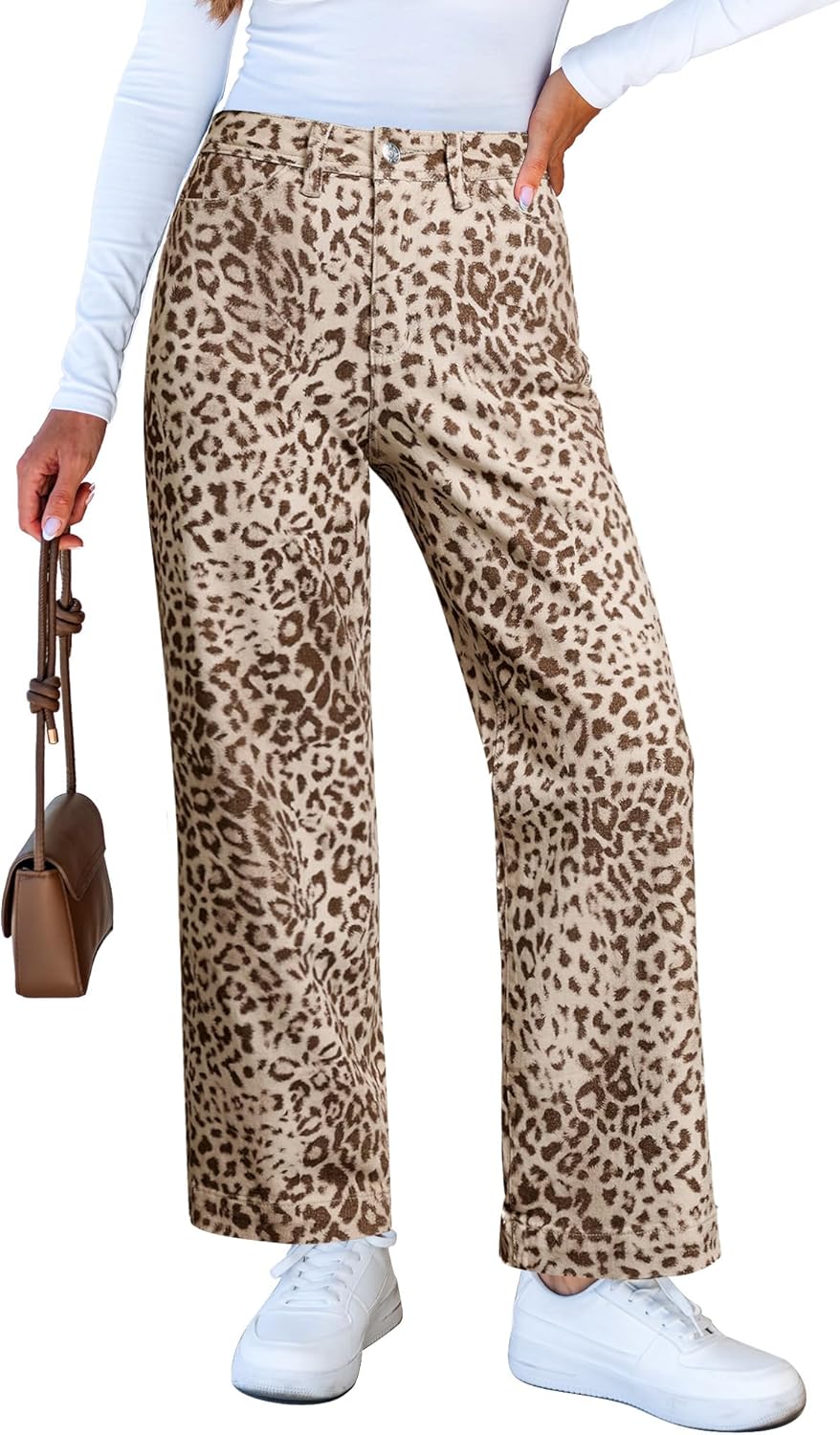 LookbookStore Wide Leg Jeans for Women Trendy High Waisted Stretchy Cheetah Leopard Pants Ankle Length Trouser Jeans - Image 2