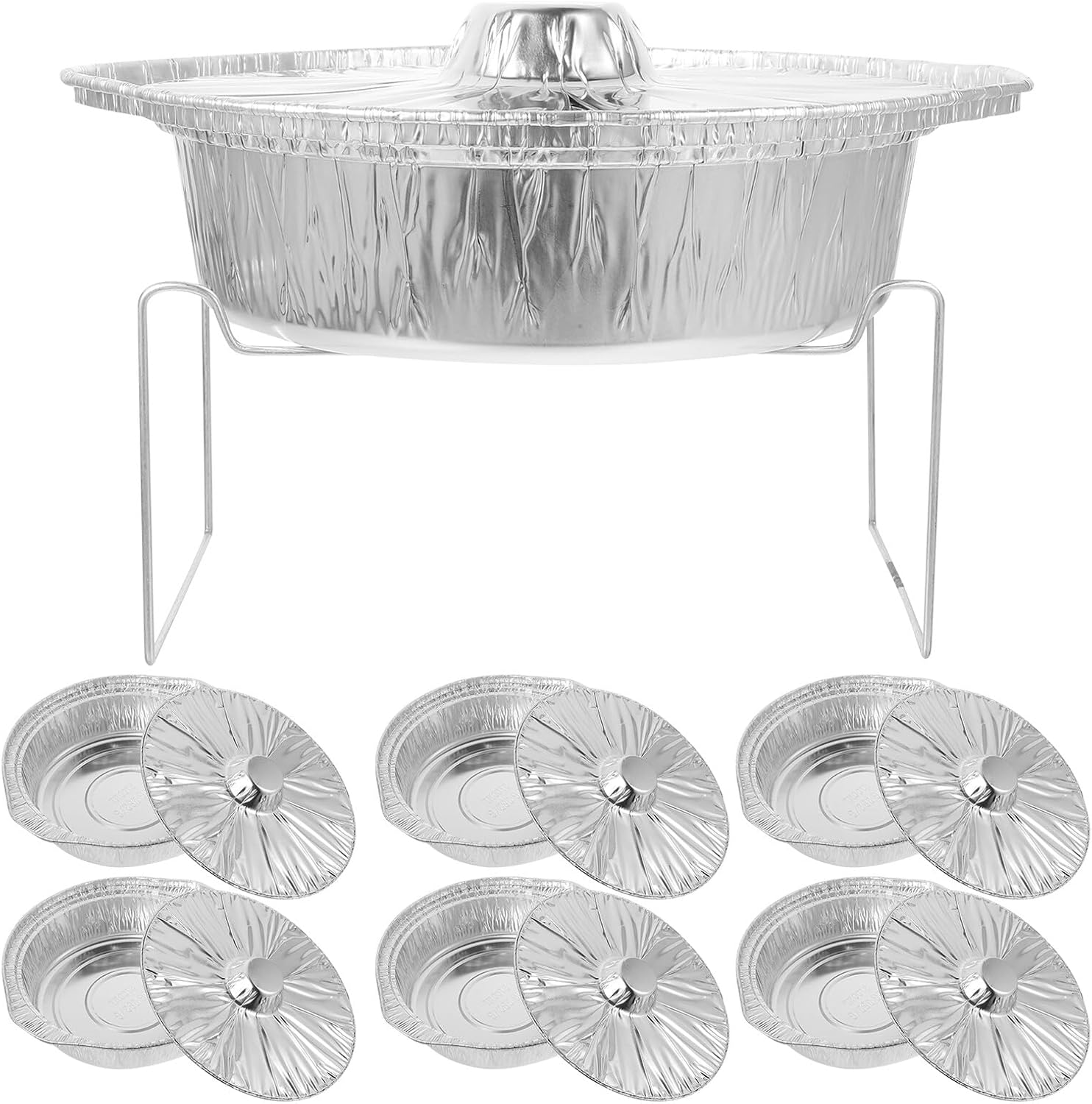 Heat-resistant Baking Foil Pots with Lids and Medium Iron Racks, Small Covered Food Foil Pans for Household Roasting and Buffet Serving, 10pcs Set