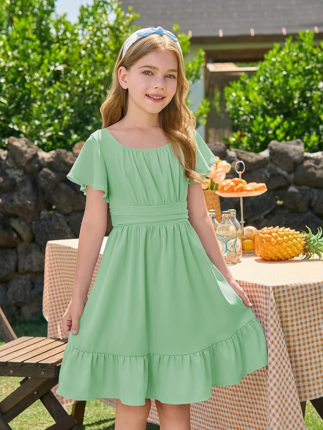 Haloumoning Girls Ruffle Short Sleeve Tie Back Dress Kids Summer Off Shoulder A-line Dresses 5-14 Years - Image 6