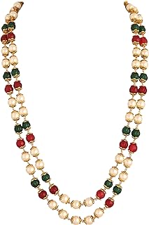 Ratnavali Jewels Double Line Red Green 8mm Golden Pearl Beads Mala Necklace For Women/Girls