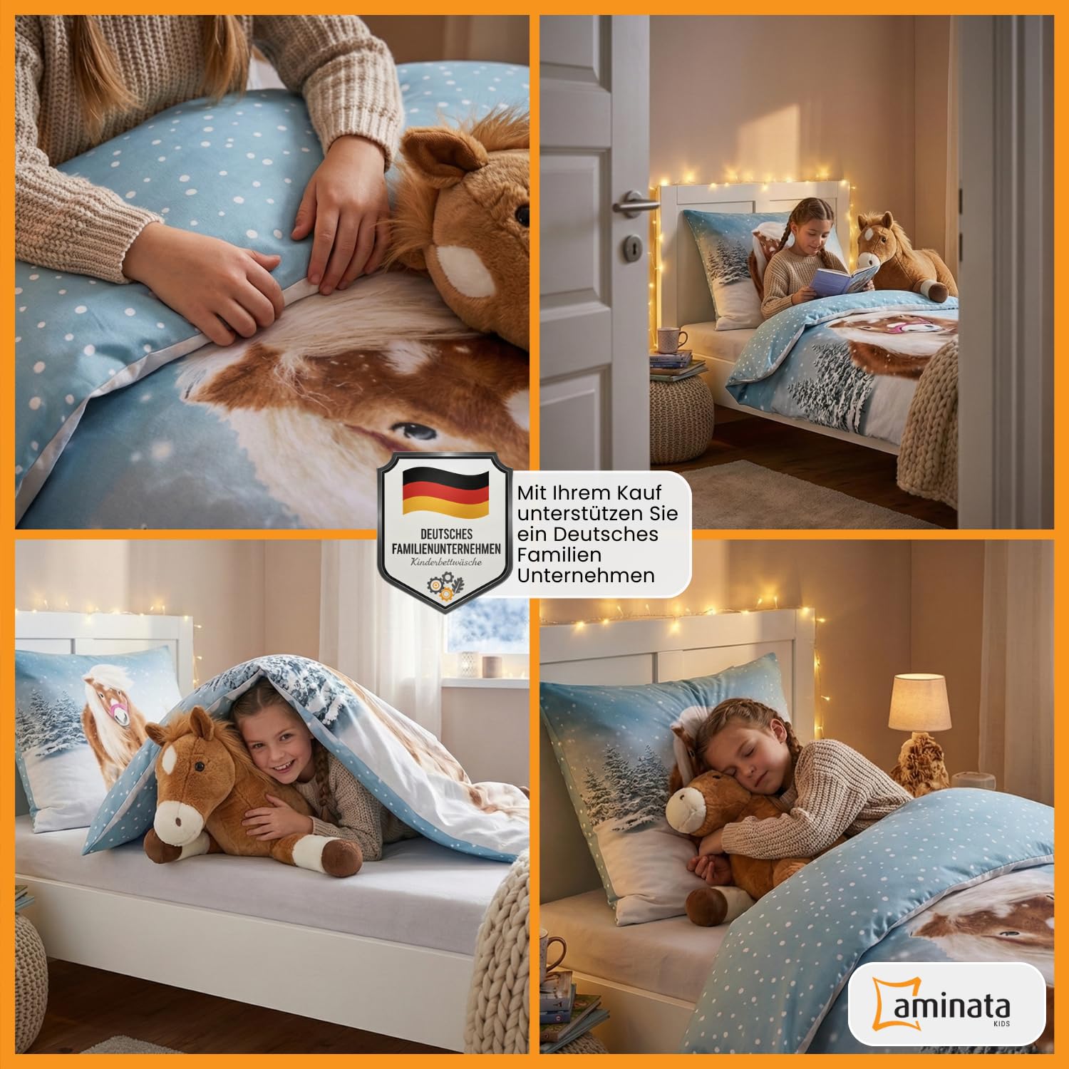 Aminata kids Biber Bettwäsche 135x200 Kinder Pferde-Motiv Mädchen 100% Baumwolle, Marken-Reißverschluss, Kinder-Wende-Bettwäsche-Set Pony im Schnee