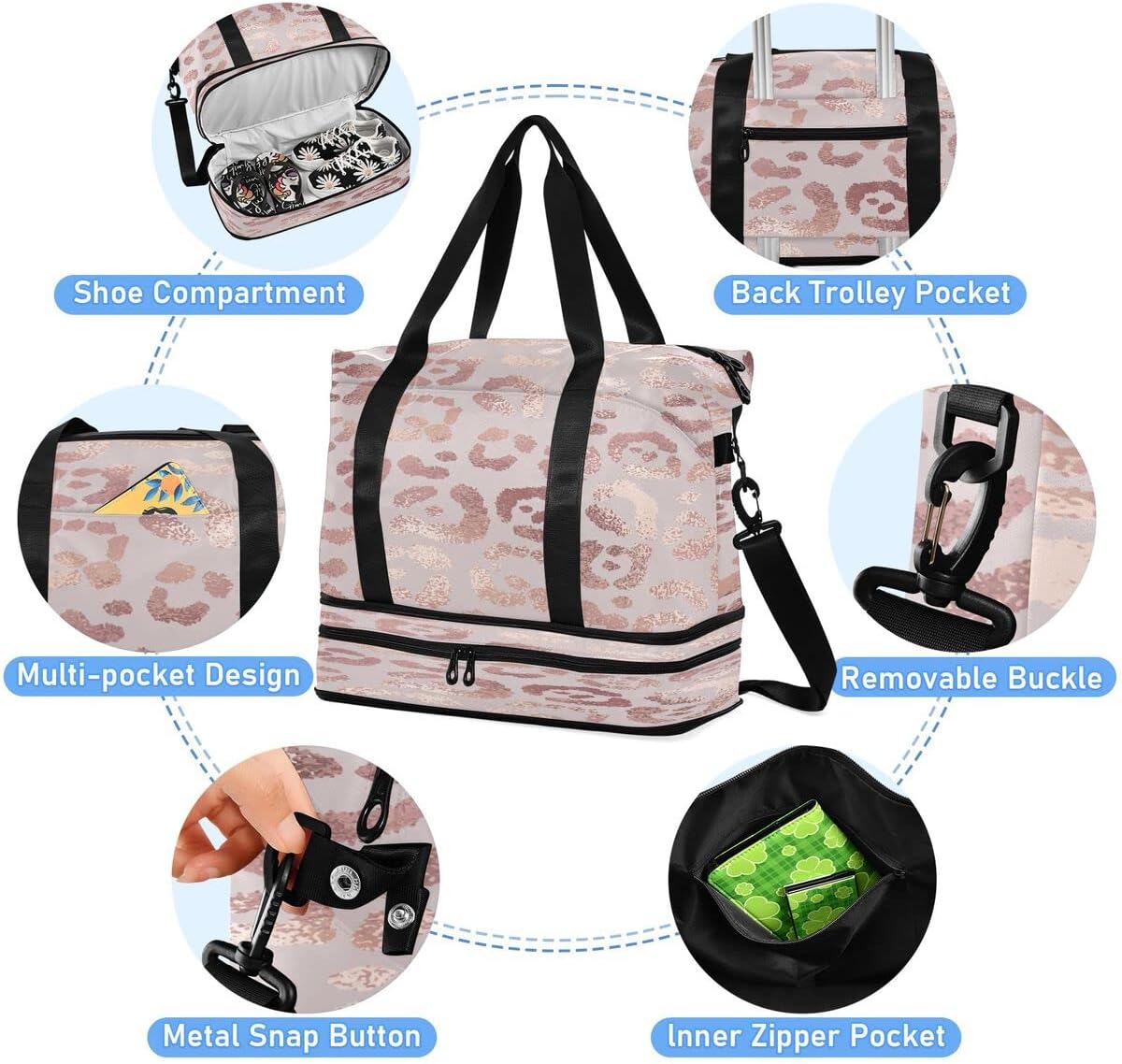 Gym Bag Sports Travel Duffel Bag Weekender Overnight Bag with Wet Pocket Shoes Compartment and Toiletry Bag Leopard Print Cheetah Rose Gold for Travel, Business,Gym, Yoga