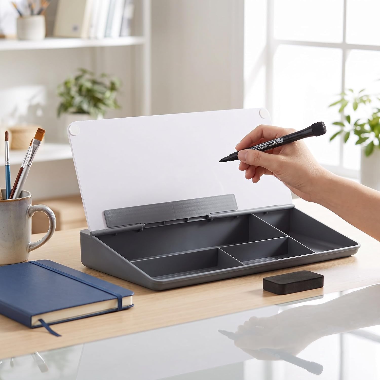Glass and Pen Holder Whiteboard Desktop with Storage Tray for Office