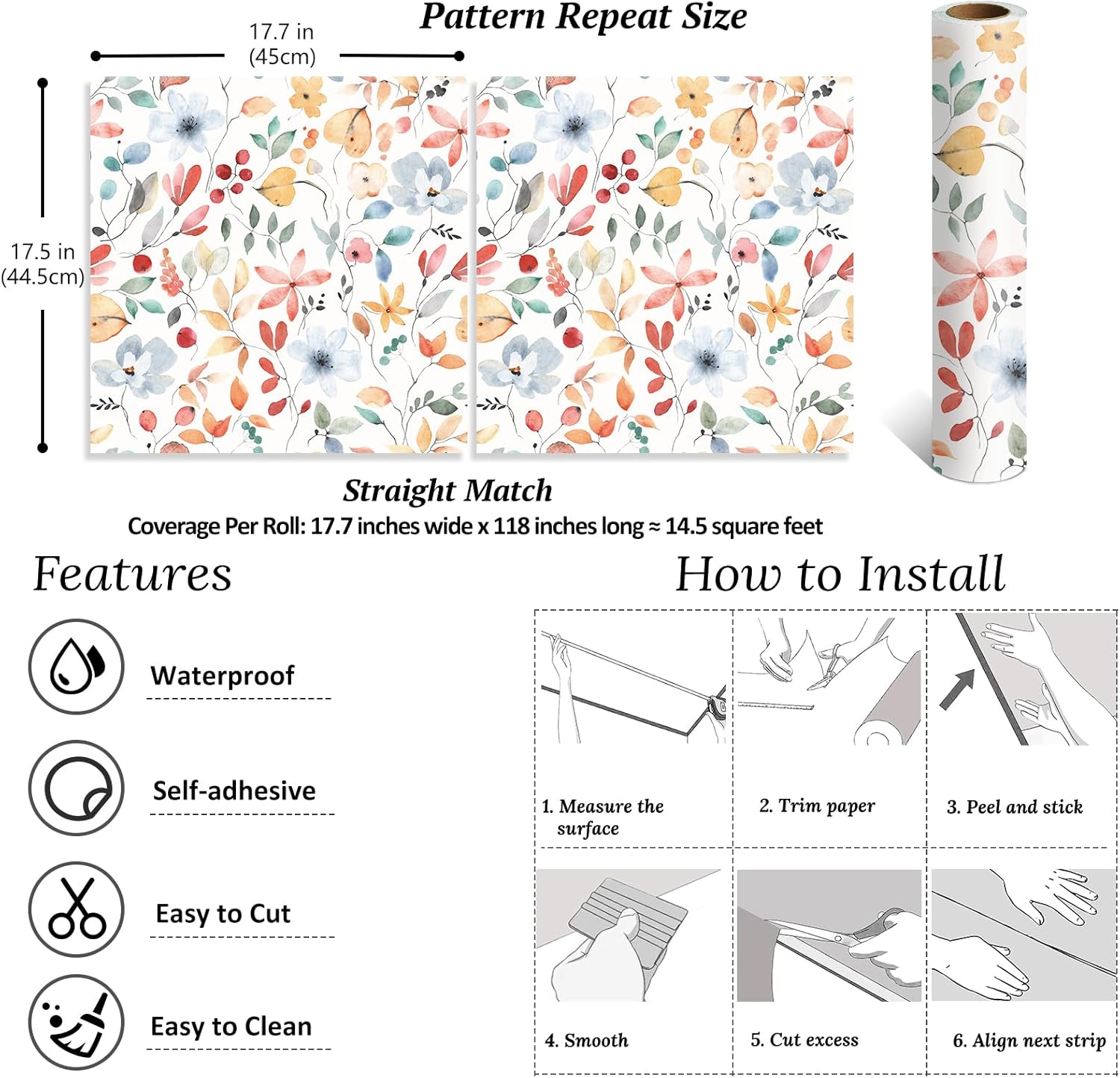 VEELIKE Watercolor Wild Floral Wallpaper Peel and Stick Vintage Botanical Wallpaper Stick and Peel Floral Contact Paper for Walls 17.7''x118'' Adhesive Removable Floral Wall Paper for Bedroom Bathroom