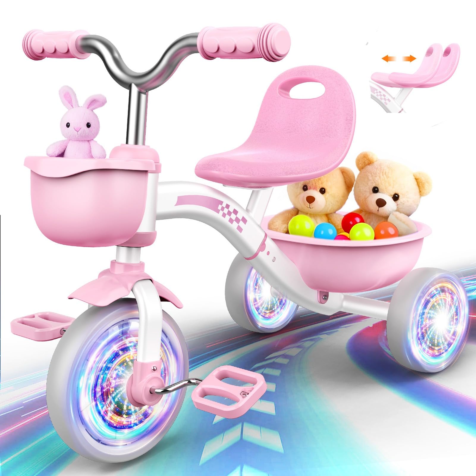 HappyGoLucky Pink Tricycles Toys for 2-5 Year Old Girls Gifts, Balance Bike 2-5 Year Old with 3 Colorful Lighting Wheels & Adjustable Seat, Baby Toddler Cycle Trikes Bike Girls Easter Toys for Kids
