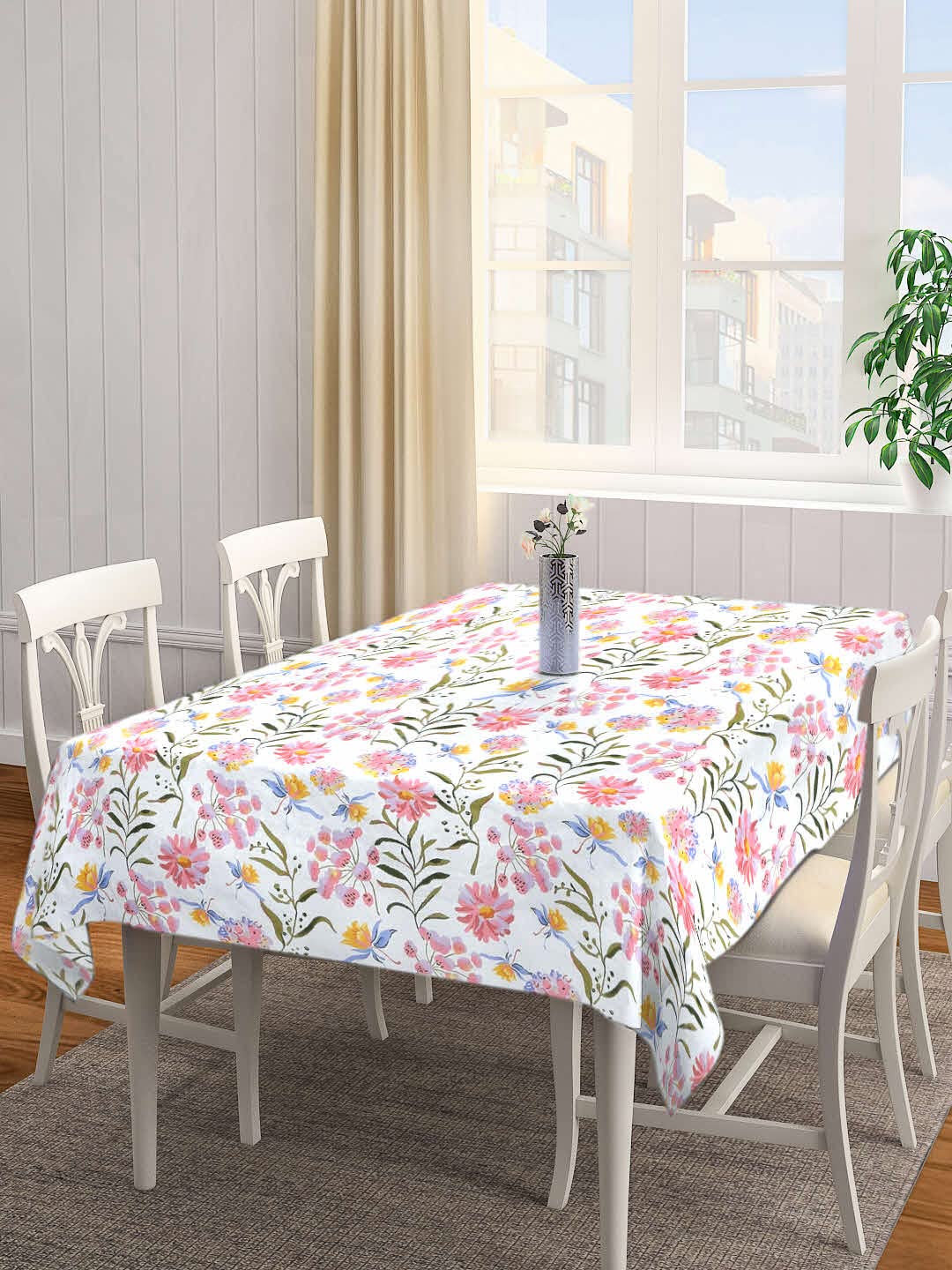 Arrabi White Floral Cotton Blend 6 Seater Table Cover | ARTC-1239-White