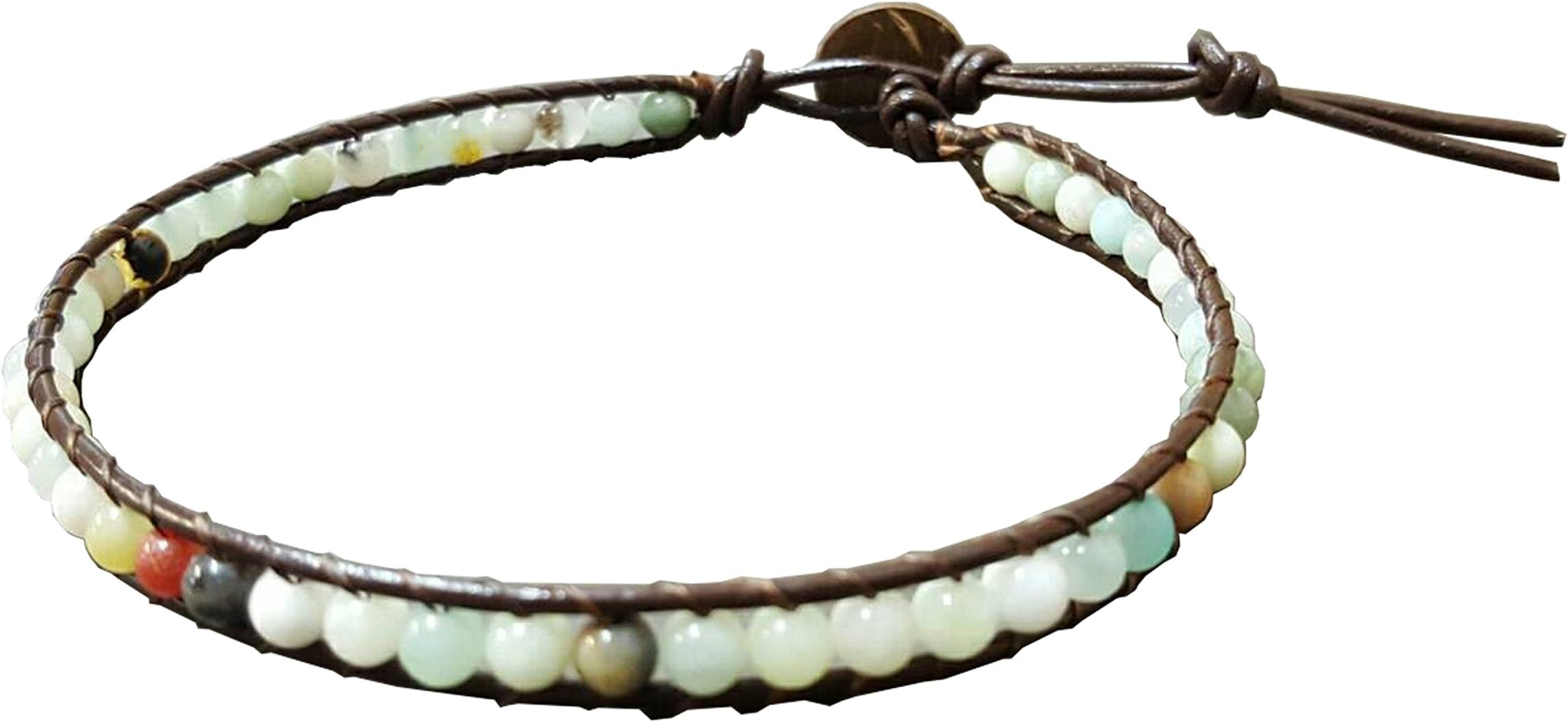 Infinityee888 Amazonite Bead Anklet 10 Inches Ankle Bracelet Woven with Leather Cord Handmade Hippie Bohemian Unisex Style Gift Idea for Men and Women