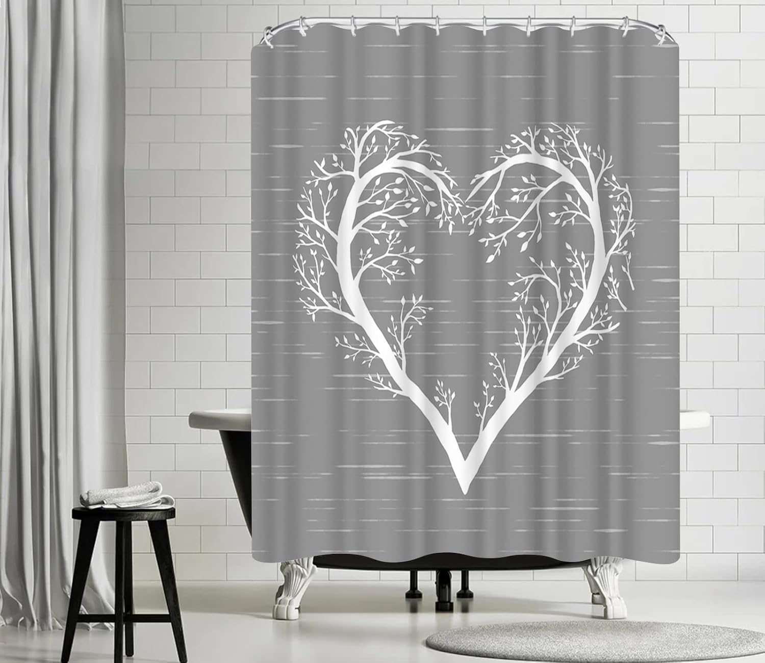 Tree of Life Shower Curtain Love Heart Bathroom Curtain Grey Bathroom Decor Valentine Home Decoration with Hooks 72"x72"
