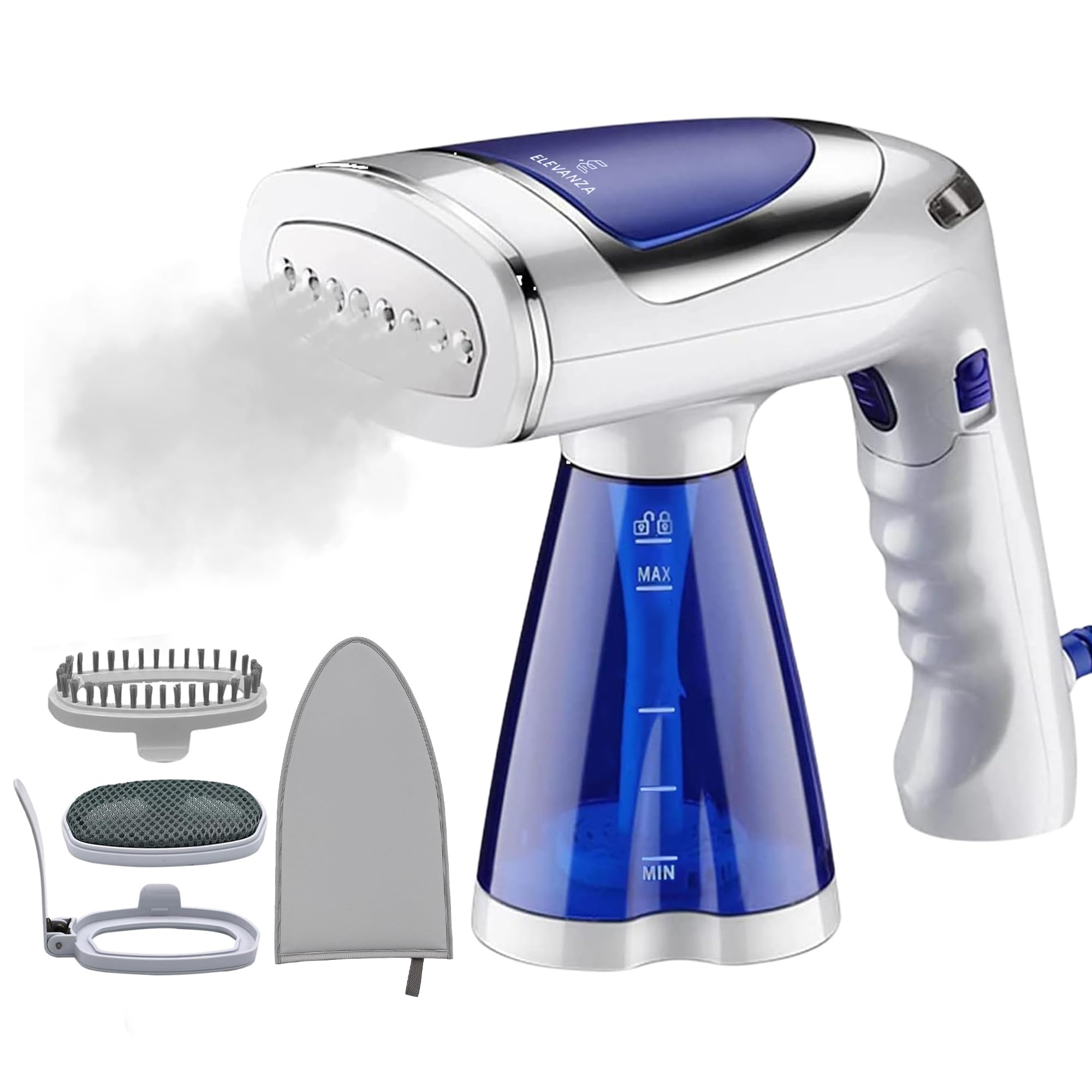 ELEVANZA® Steamer for Clothes 1600W - Strong Penetrating Steam - Fast 30s Heat-Up - Wrinkle Removal Handheld Clothing Steamer - Large 250ml Tank - Foldable Garment Steamer - Ideal for All Type Fabrics