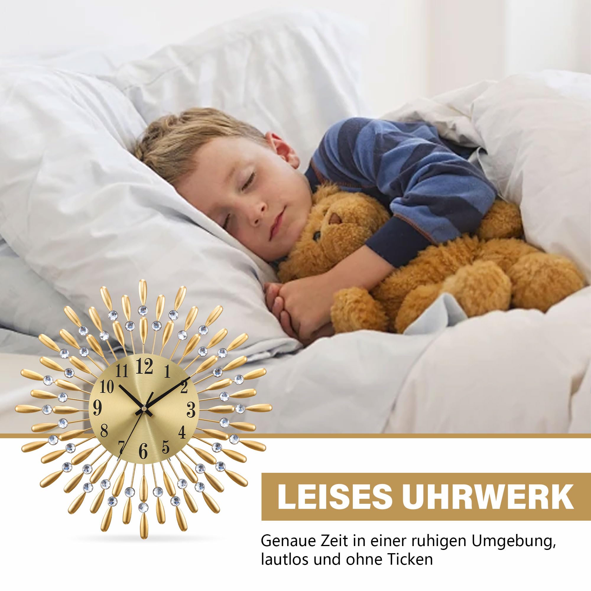Vintage Wanduhr Groß Ohne Tickgeräusche - Retro Design In Gold Mit Glitzersteinen