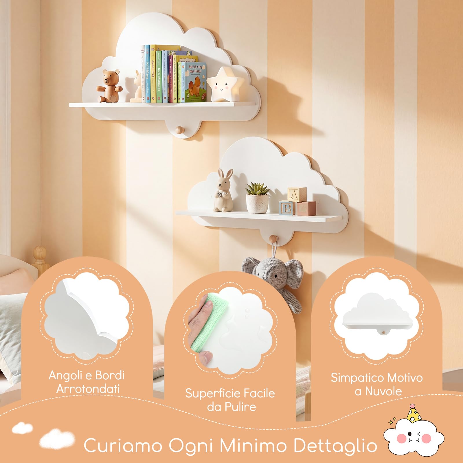 COSTWAY Set di 2 Mensole da Muro per Bambini, Libreria a Nuvole in Legno Massello con Ganci, Bianco