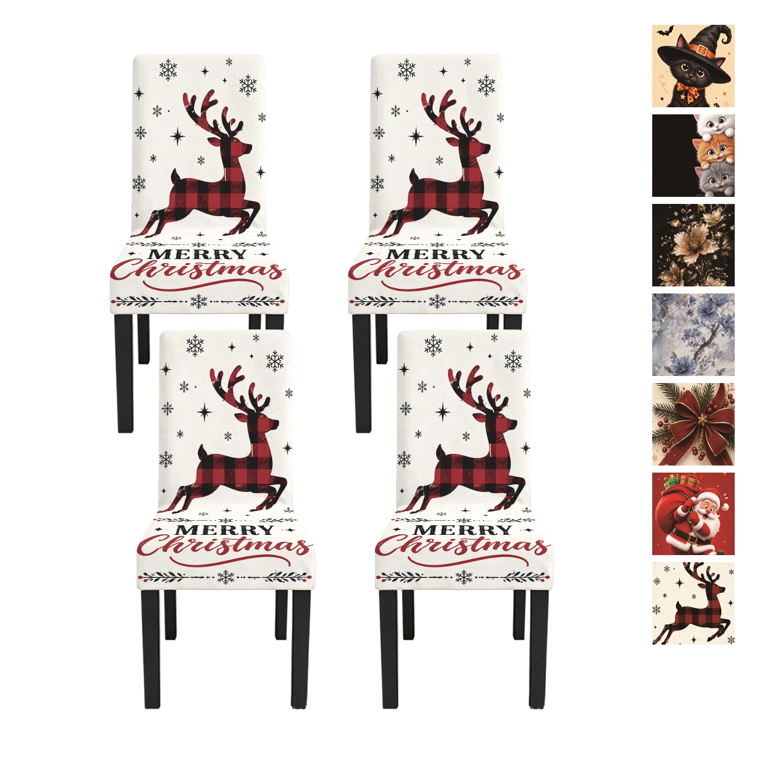 Buffalo Plaid Reindeer Christmas Dining Chair Covers Set of 4