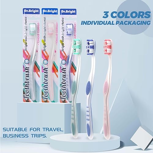 Miniatura 10 de DR.BRIGHT Cepillo de dientes mediano para adultos, cerdas medianas con mango ergonómico, limpiador de lengua, cepillos de dientes de viaje, colores