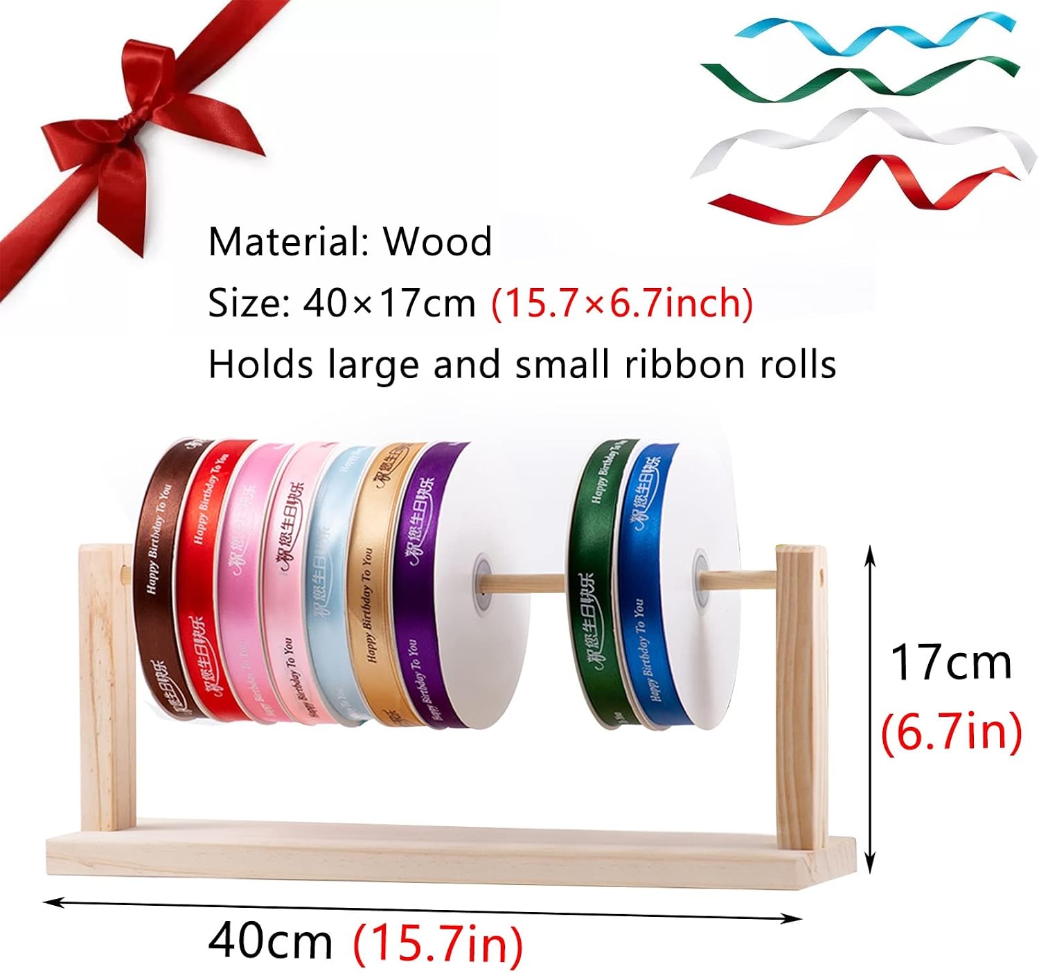 Vinyl Roll Holder Organizer for Holding Wrapping Paper Spool Scarf,Ribbon Racks for Craft Room, Wooden Desktop Display Stand with Removable Rod(1 tier 40x17cm)