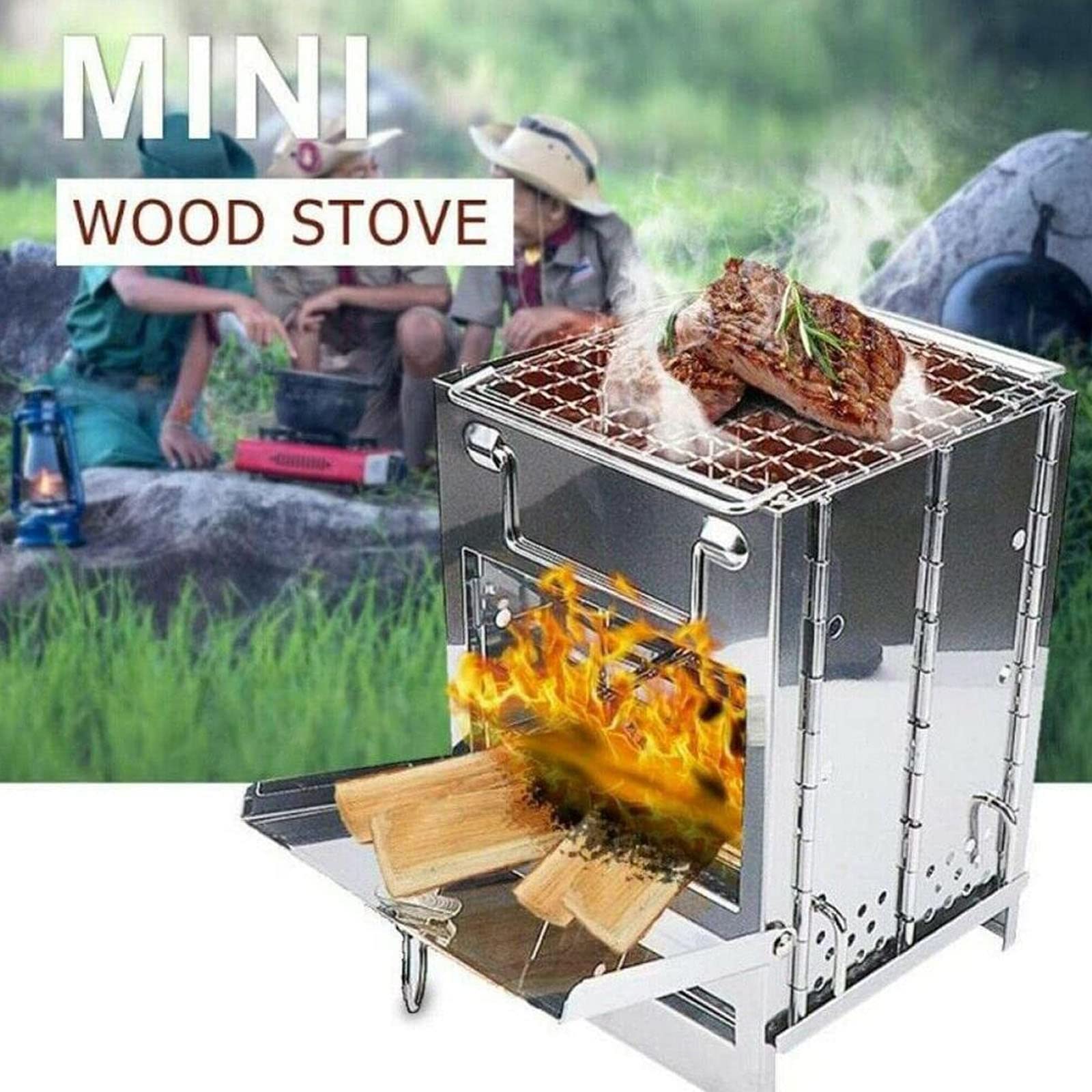Tragbarer Holzofen zum Heizen und Kochen im Zelt, zusammenklappbarer Edelstahlofen für den Außenbereich mit Tragetasche, abnehmbaren Beinen, zum Wandern, Rucksackreisen, Survival, Bushcraft