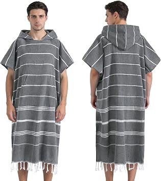 1pcs Cotton Turkish towel Poncho Surf Poncho Changing Towels Wearable Towel Hooded Swim Robe with Pocket Swim Cover Up Beach Towel for Adult Man Women Surf, Beach, Pool and SwimGrey, L