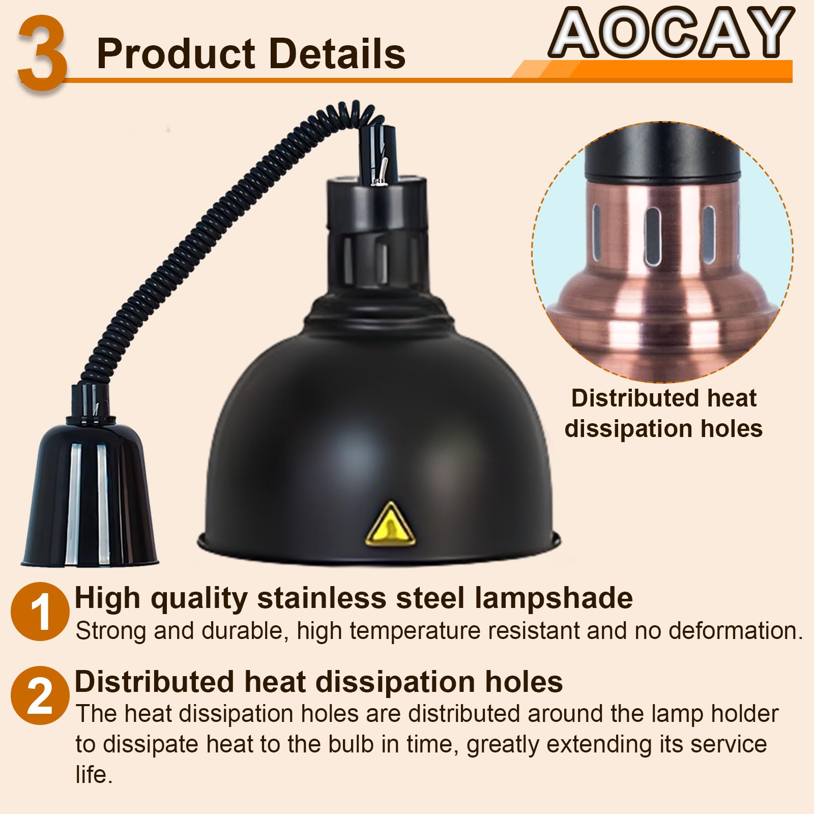 Lampada Riscaldante per Alimenti, Sospeso Lampade Scaldavivande Cucina 19 cm/25 cm, Lampade Riscaldanti per Cucina, Ristoranti, Hotel a Buffet 60-180cm Altezza Regolabile(Nero-25cm, 3 Pezzi)