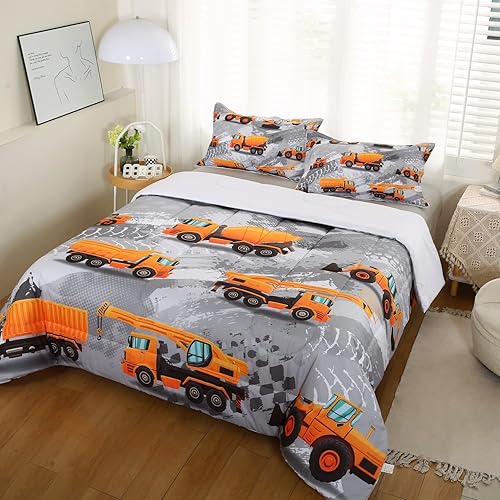 Miniatura 2 de Juego de edredón de construcción para niños con diseño de camión excavadora, ropa de cama de construcción tamaño queen, edredón de camión de dibujos