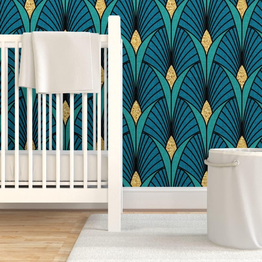 Spoonflower Peel & Stick Wallpaper Swatch - Art Deco Peacock Emerald Gold Blue Teal Retro Elegant Custom Removable Wallpaper
