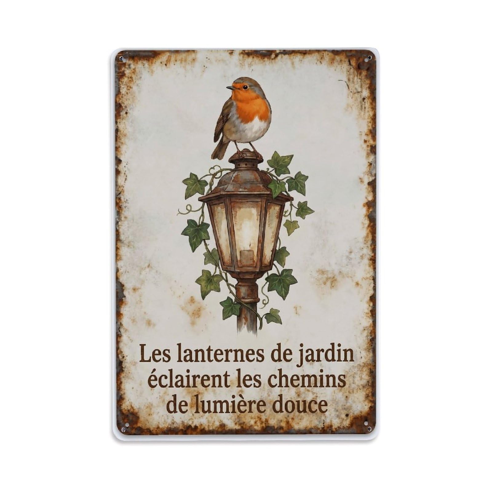 Fqnyr Style Robin Bird Garden Quote Lantern Metal Tin Sign Plaque Wall Decor For Cafe, Club Bar, Office, Home Garden Metal Poster 8X12inch
