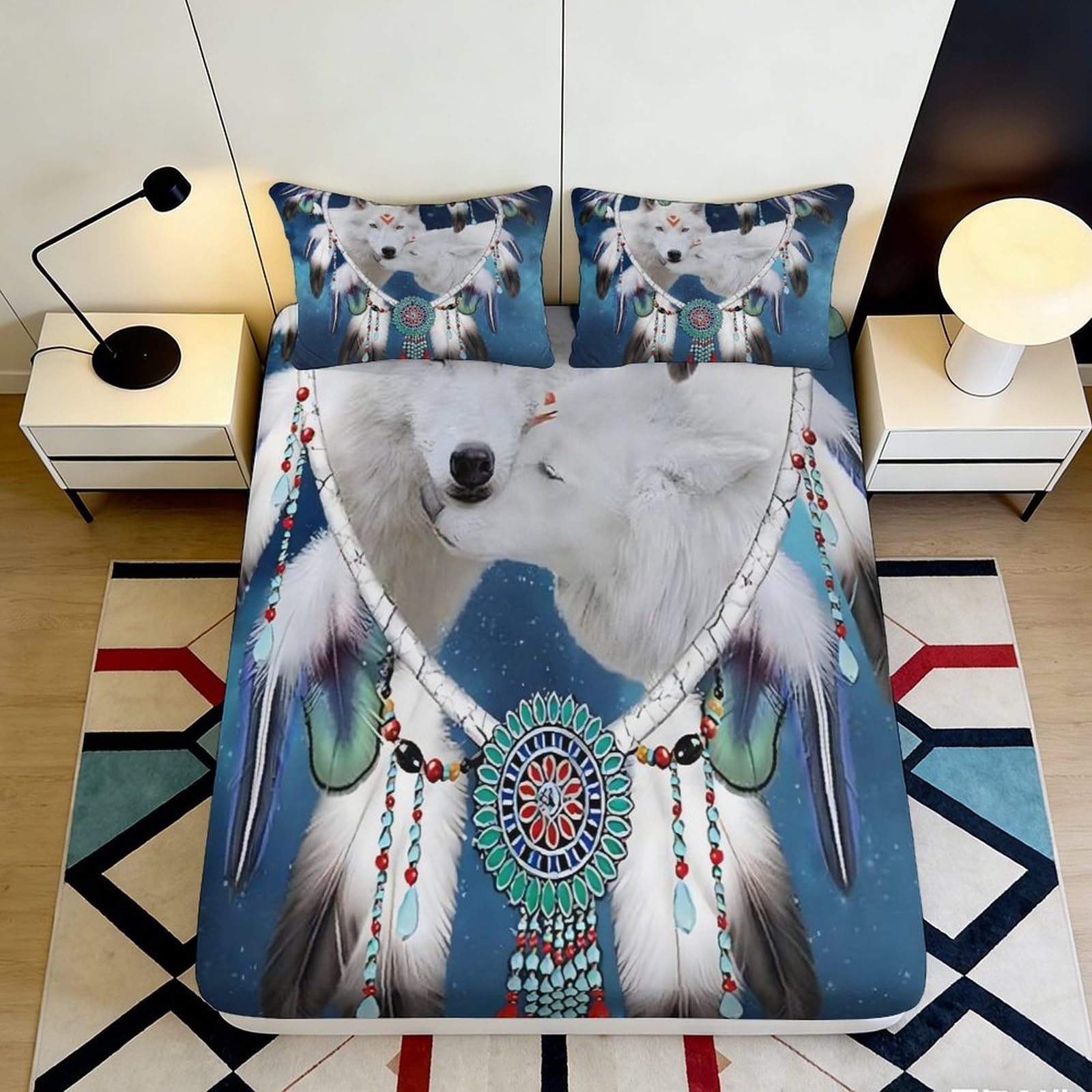3D Printed White Wolf Dreamcatcher Fitted Sheet Microfiber Soft Decor Mattress Cover for Bedroom Guest Room Dorm 90x200x25cm