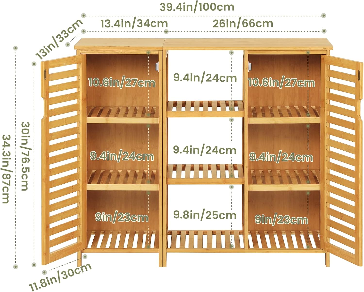 VIAGDO Bamboo Bathroom Storage Cabinet, Freestanding Storage Cabinets with 2 Louvered Doors and 3 Shelves, Multifunctional Use for Bathroom Cabinet, Dining Room Buffet Cabinet, Kitchen Sideboard