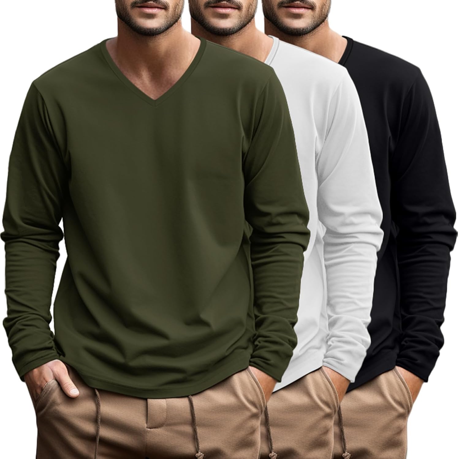 Ficerd 3 Pack Big and Tall Shirts for Men V Neck Cotton Long Sleeve Tee L-7XL Casual Loose Tops Oversized Basic T Shirts