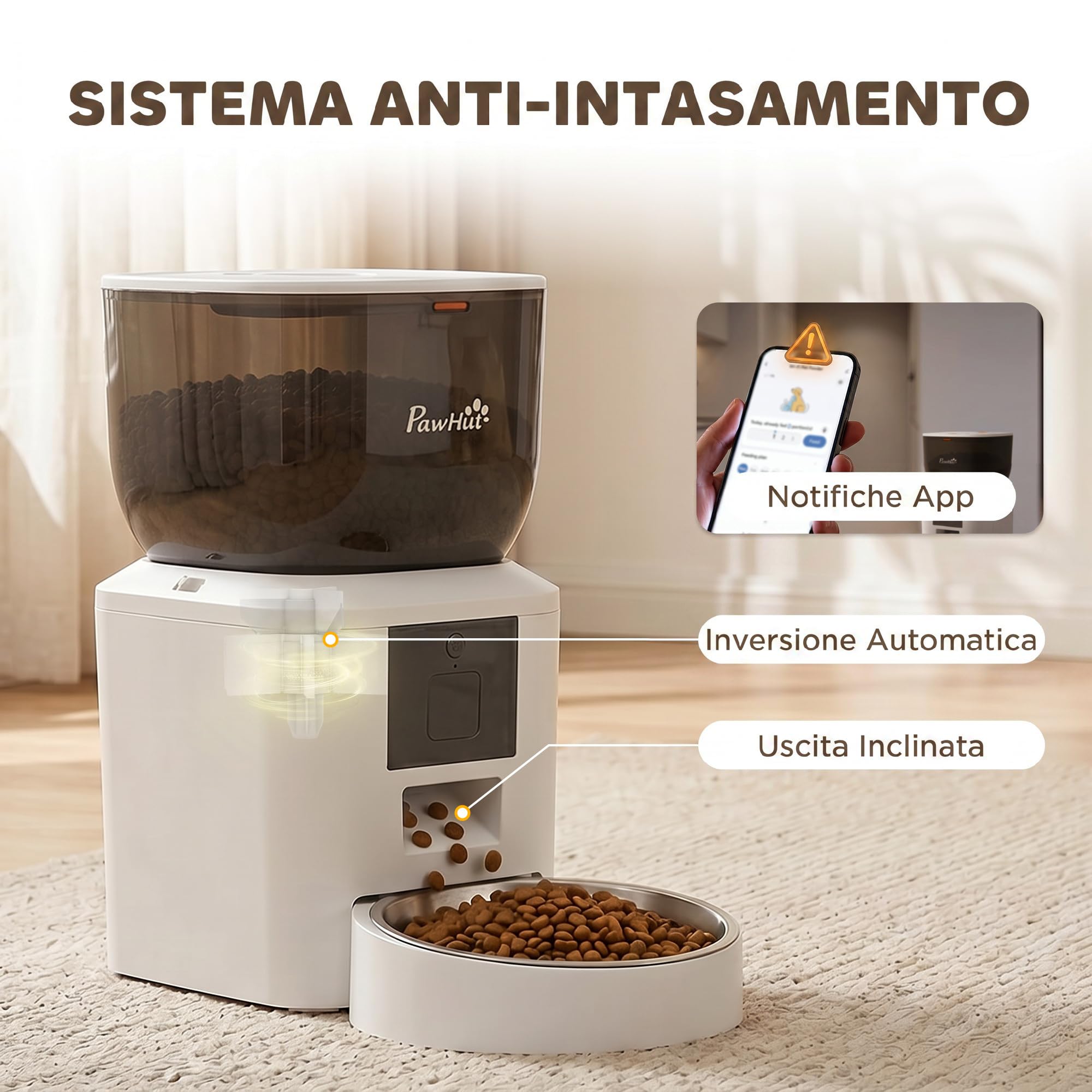 PawHut Distributore Automatico Cibo Gatti 4L WiFi 2.4G Erogatore Bianco | Dispenser Crocchette Gatto, App Controllo con Registratore 10s, 1-10 Pasti al Giorno, Ciotola in Acciaio Inox