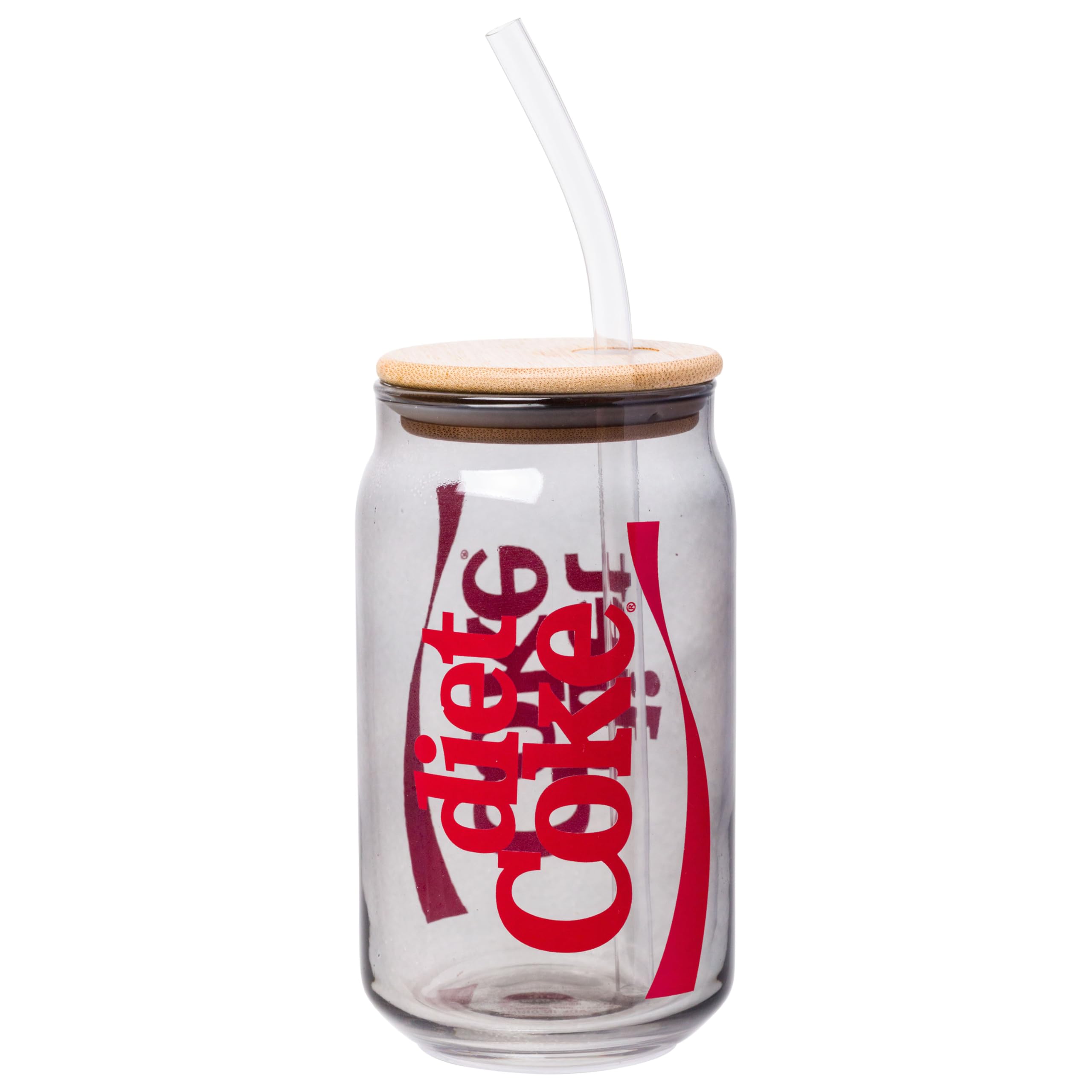Silver Buffalo Coca-Cola Diet Coke Glass Tumbler with Bamboo Lid and Plastic Straw, 16 Ounces
