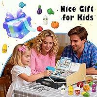 Vista 7 de Caja Registradora de Madera para Niños con Carrito de Compras Caja Registradora Infantil Recargable con Escáner Regalo para Niños de 3 4 5 6 7 8 9