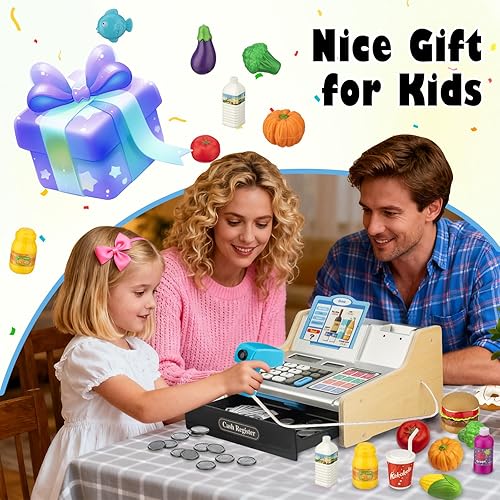 Miniatura 7 de Caja registradora de madera para niños con carrito de la compra, caja registradora recargable con escáner, regalo para niños de 3, 4, 5, 6, 7, 8, 9