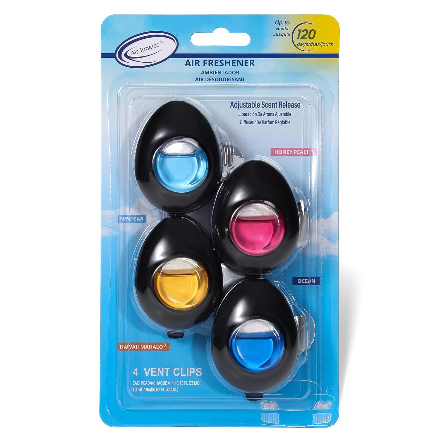 Air Jungles Car Air Freshener Vent Clip 4 Count, Variety Pack, New Car, Honey Peach, Ocean, Hawaii, 4 ml Each, Long-Lasting Car Odor Eliminator, Up to 120 Days Freshness for Auto